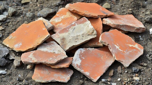 Earthenware surface broken terracotta clay fragments natural texture background weathered ceramic pieces scattered rustic material design backdrop