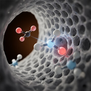 Interior microscopic tunnel view of an amine functionalized porous sorbent pore channel capturing carbon dioxide molecules via selective chemical bond attraction inside a direct air capture filter med