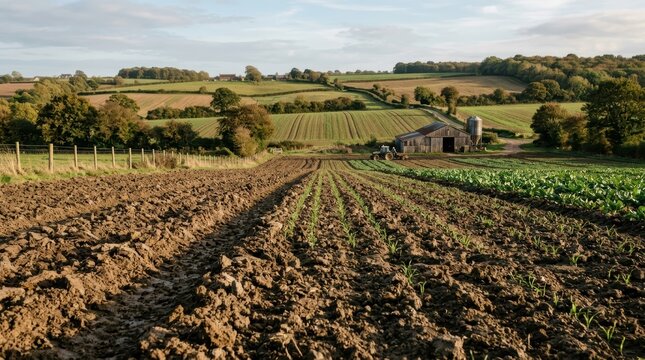 Tractor Cultivation on Freshly Plowed Field with Young Crops