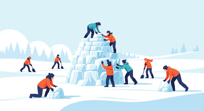 Group of people working together to construct a large igloo out of ice blocks in a snowy winter landscape.