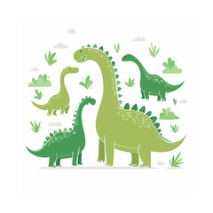 Fototapeta premium Cartoon Dinosaurs in Flat Design with Green Plants