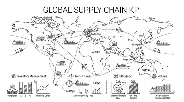 Global supply chain logistics map with shipping routes and inventory charts
