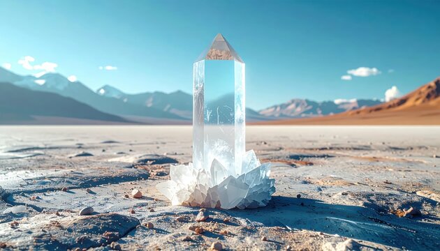 Surreal Crystal Formation in a Vast Desert Landscape.
