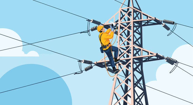Electrical utility lineman wearing safety harness and helmet working on high voltage power transmission tower against clear blue sky background.