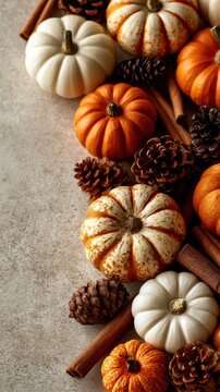 Vertical shot of a border of mini-pumpkins, pinecones, and cinnamon sticks along one side of a blank page, for a menu or card design