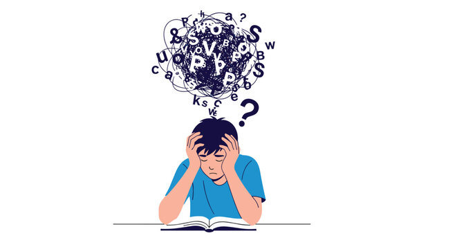 Stressed student sitting at desk with book while chaotic letters and symbols float above his head representing academic pressure and confusion.