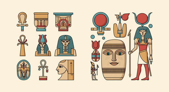 Set of ancient Egyptian cultural symbols and illustrations including pharaoh masks, deities, hieroglyphics, and artifacts.