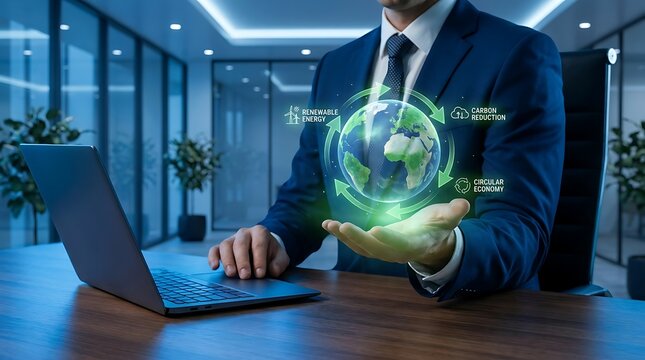 Businessman holding green earth hologram for circular economy concept featuring renewable energy and carbon reduction in modern office