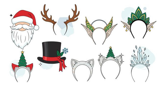 Festive collection of holiday and fantasy themed headbands featuring Santa Claus, reindeer antlers, elf ears, and sparkling trees.