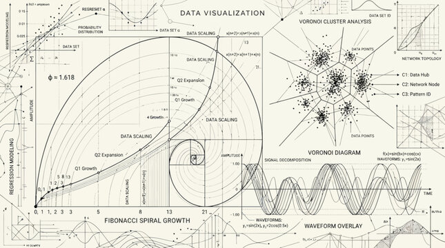 Mathematical data visualization showing fibonacci spiral growth and charts