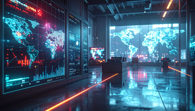 Futuristic Command Center: A high-tech operations room filled with glowing holographic world maps, data visualizations, and cityscapes, representing global connectivity and advanced technology.