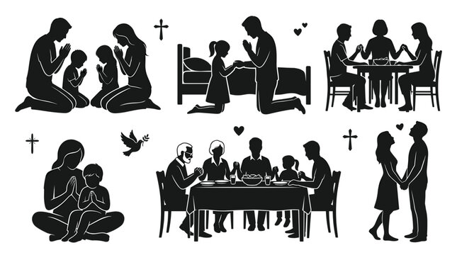 Family praying together in various settings religious and domestic scenes silhouette collection