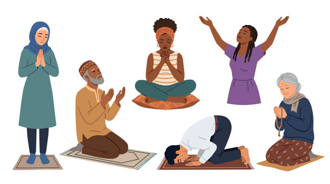 Diverse people praying in different religious and spiritual ways