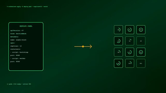 Digital infrastructure code scripting process visible as text terminal lines generate computing containers displayed in a dark panel grid interface with numerical status reports updating steadily