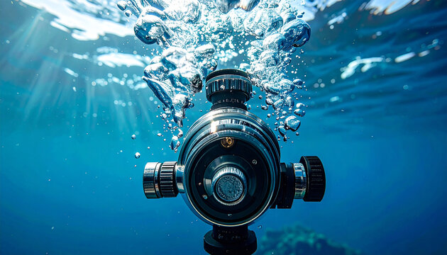 Underwater Breathing Apparatus Close-up: A close-up view of a scuba diving regulator submerged underwater, with bubbles rising to the surface.