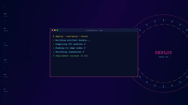Infrastructure code scripting processes execute within a dark digital terminal interface showing rapid progress bars and successful command line deployment events during a software build update