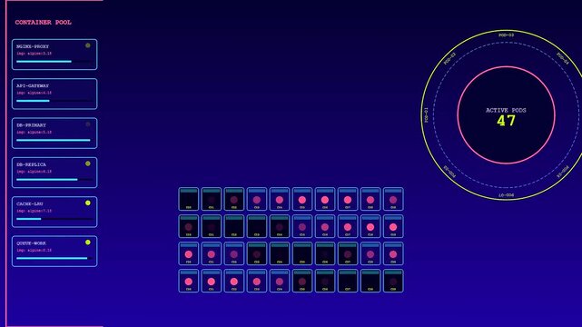 Digital infrastructure code scripting flows across a dark screen showing glowing node circles and abstract bars updating live in a sequence of monitoring dashboard panels