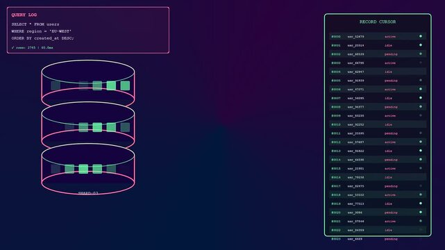 An infrastructure code scripting sequence displays multiple database query logs with vertical cursor movement across stacked server cylinders in a dark digital interface monitor screen display