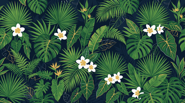 Tropical green leaves and white flowers.