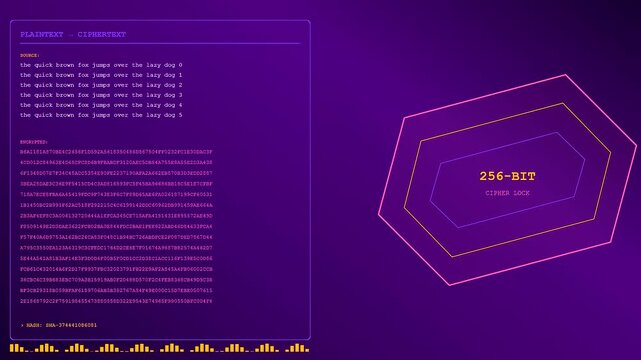 Infrastructure code scripting displayed on a purple screen interface showing shifting data panels and abstract geometric shapes pulsating in a modern digital computing work environment