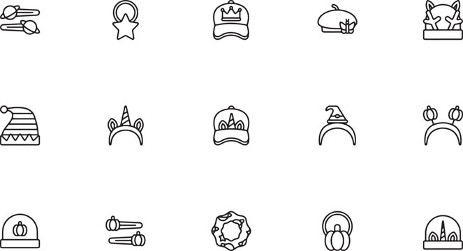 Fashion Headwear and Hair Accessories Line Art Icon Set Featuring Caps, Crowns, and Hair Clips for Apparel Design