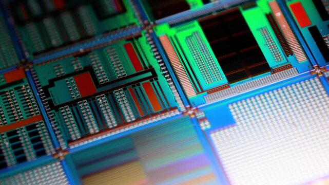 Macro view of silicon wafer showing intricate microchip circuits and integrated electronic components in high resolution.