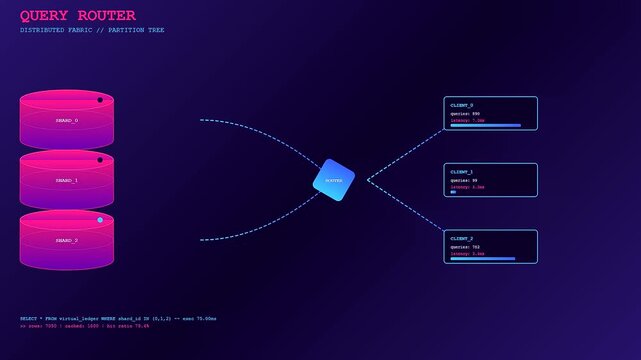 the infrastructure code scripting process displays animated nodes connecting to distinct data clusters on a dark digital interface showing query execution times and system load metrics