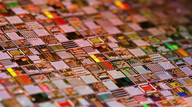 Close up shot of a silicon wafer with microchips and circuitry reflecting colorful lights, slow zoom out.
