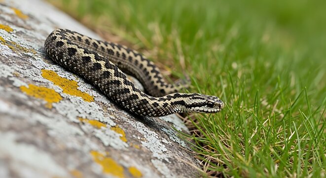 European adder snake slithering over rock into grass