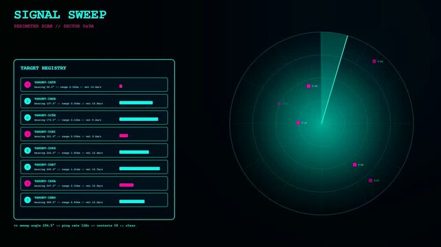 Digital infrastructure code scripting flows across a dark monitor screen displaying radar signals while scanning moving objects in a cyclical motion for data analysis simulation