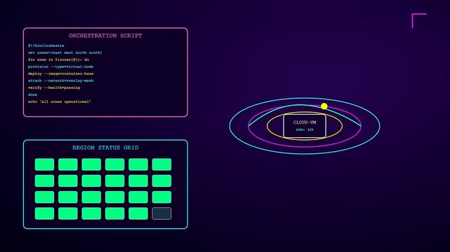 Digital infrastructure code scripting evolves within a virtual dashboard as lines of text populate the screen alongside a growing grid of glowing green status icons