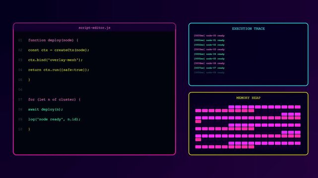 Infrastructure code scripting appears on a digital screen displaying rapid software development phases with glowing textual feedback elements and shifting memory allocation blocks in dark space
