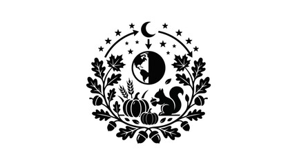 Circular autumn harvest emblem featuring a squirrel pumpkins and oak leaves. © Puput_Kinasih