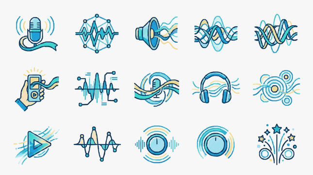 Colorful Audio Music Technology Icons Set.