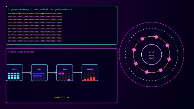 Digital infrastructure code scripting flows across a series of dark screens displaying complex cryptographic hashing processes and animated nodes in a modern system monitoring interface environment