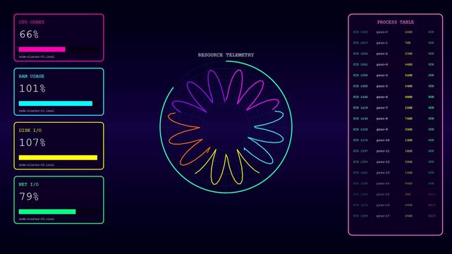 Digital infrastructure code scripting flows across computer monitors displaying vivid neon charts and process metrics with dynamic graphical lines pulsating in a dark electronic server room interface