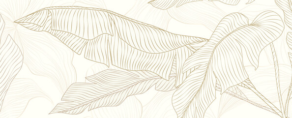 Obraz premium Luxury tropical art background with exotic tree leaves in a gold line style. Botanical banner for decor, prints, wallpaper, textiles, and packaging.