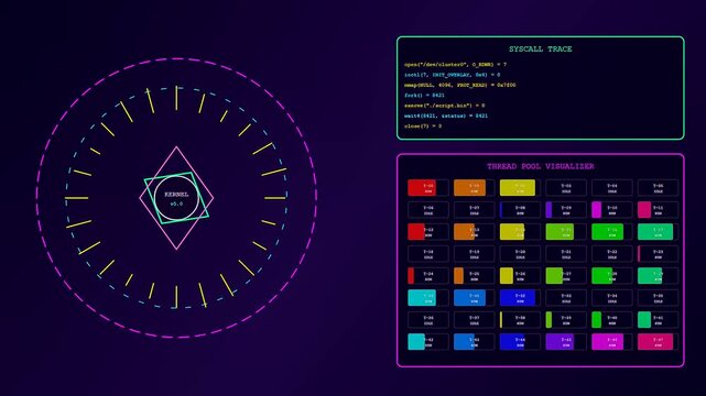 Infrastructure code scripting displays on a dark monitor with animated circles and progress bars showing sequential process updates for a complex digital system user interface