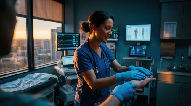 Caring Nurse Attends Patient In Modern Hospital Room At Sunset