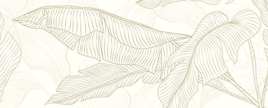 Luxury tropical art background with exotic tree leaves in a gold line style. Botanical banner for decor, prints, wallpaper, textiles, and packaging.