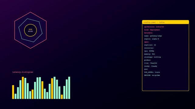 Monitoring server state with infrastructure code scripting while real time graphs visualize fluctuating network load through a digital dashboard on a dark purple screen display