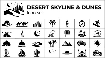 Fototapeta premium Desert Skyline Dunes Icon Set Sand Dunes Arid Landscapes GCC Cityscapes Desert Architecture Oasis Scenes Vector Illustration