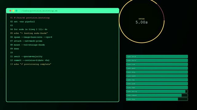 Infrastructure code scripting displays on a dark monitor with glowing green text interface showing rapid server provisioning progress bars and circular timer status updates