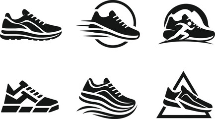 Fototapeta premium Clean vector logo of a classic running sneaker in black silhouette, representing timeless athletic style, fitness, performance, and sportswear. 