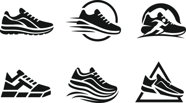 Clean vector logo of a classic running sneaker in black silhouette, representing timeless athletic style, fitness, performance, and sportswear. 