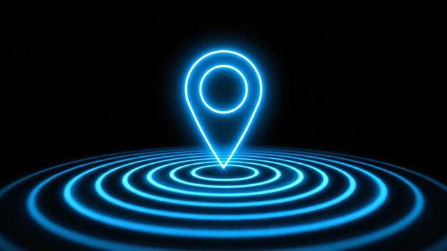 Blue neon location pin icon on black background