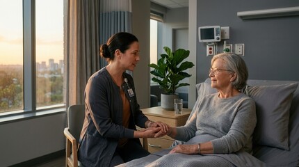 Obraz premium Caring Nurse Holding Patient Hand In Hospital Room During Sunset Glow Warmth