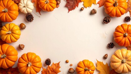 Fototapeta premium Autumn Harvest Frame: A festive arrangement of pumpkins, fall leaves, and pinecones creates a warm, seasonal border, perfect for autumn greetings and harvest celebrations.