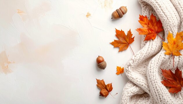 Autumn Stillness: A cozy knit blanket adorned with vibrant autumn leaves and acorns evokes the essence of fall, suggesting warmth and comfort on a cool day.