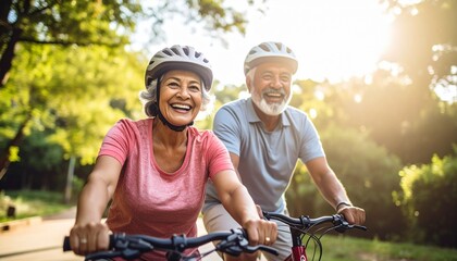 Naklejka premium Active Senior Couple Cycling Outdoors in Warm Sunlight for Healthy Aging